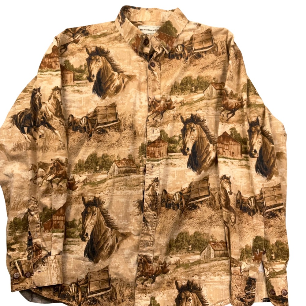 Bit & Bridle Shirt Mens Large Brown Horses Western Landscape Country Farmcore